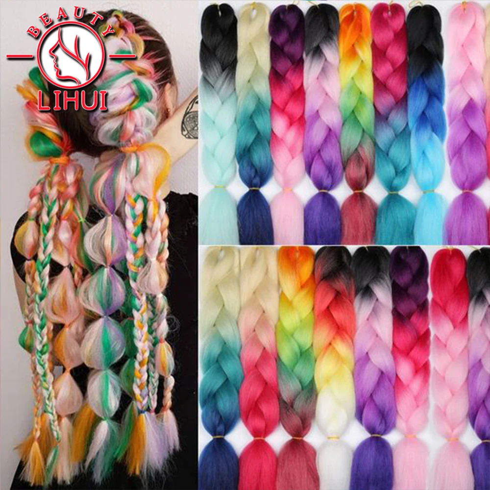 LIHUI 10packs Women Long Ombre Glowing Twist Synthetic Braiding Hair Extension 24&quotJumbo Braids Pink Blonde Green Two Tone Color |