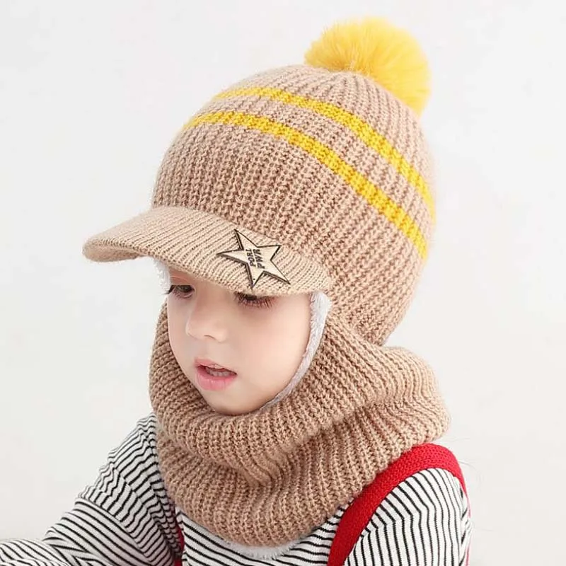 Doitbest 1 to 6 years Winter hat for kid beanies fur ball boys Beanie Child knit hats Protect face neck kids girls Earflap Caps - Цвет: camel
