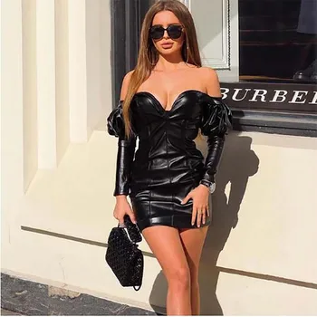 

Meyoung Party Black Dress Women Summer Dress Bodycon PU Deep V Neck Vestido Robe Femme Sexy Dresses Night Mini Dresses Leather