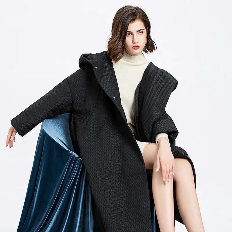 

Shuchan Oversized Down Jackets Hooded Wide-waisted Covered Button Solid 90% White Duck Down Winter 2019 Women Down Coats