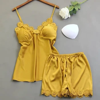 

Summer Women's Sexy Lace Pajamas Suit Suspender V-neck Top + Short Pants Sleepwear 2-piece Set Soft Comfortable Nightwear