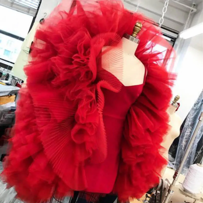 

Custom Made Puffy Red Tulle Women Tops Chic Lush Long Sleeves Ladies Blouses Shirt for Party Wear Special Occasion Gown
