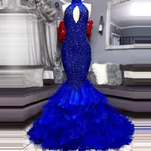 Платье с юбкой годе Королевского синего цвета платье для выпускного вечера с высоким воротом из перьев с длинными рукавами и аппликацией из бисера большого размера в африканском стиле Выпускной вечер платья suknia wieczorowa