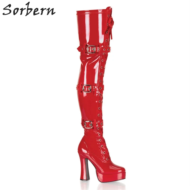

Sorbern Block Heel Over The Knee Boots Thigh High Belt Buckle Custom Chunky Boots Platform Front Lace-Up Stretch Thigh High Boot