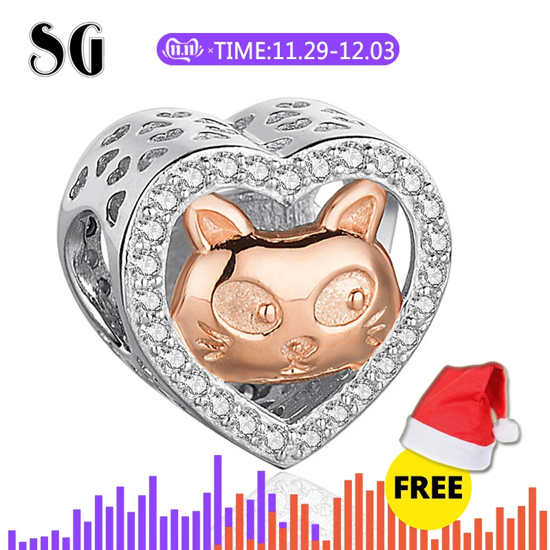 

SG 925 Silver Love Heart rose gold color cat Beads Charms with CZ Fit Authentic pandora Bracelets DIY Jewelry For Lover Gift