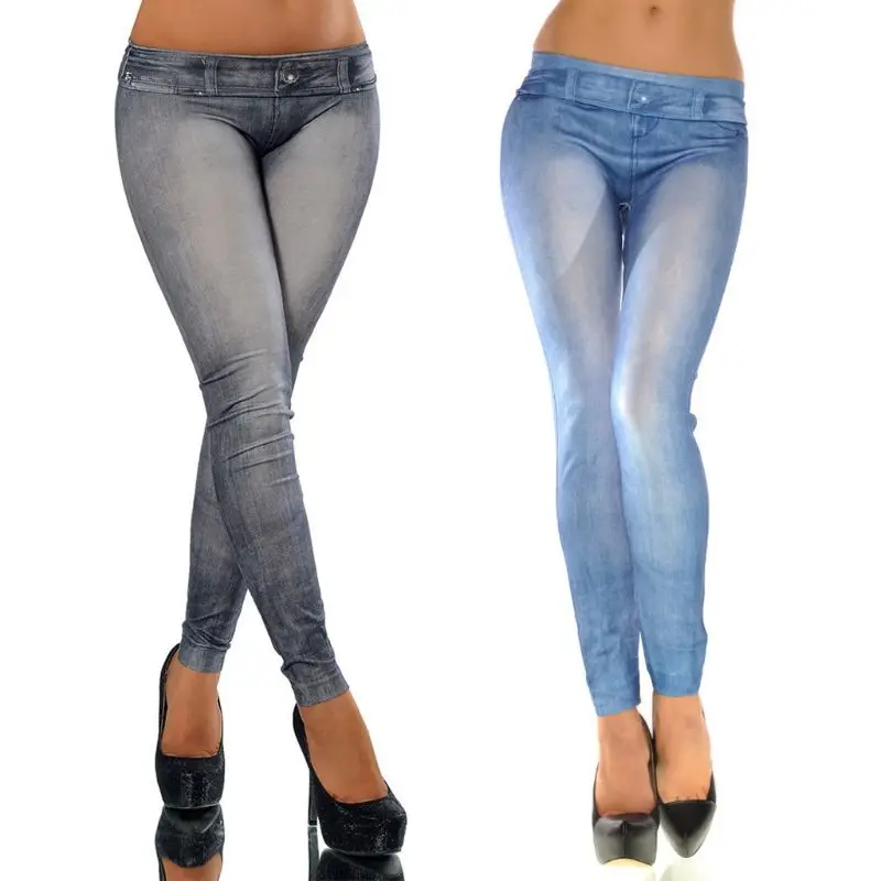 

Women Vintage Wash Color Denim Print Low Rise Stretchy Pencil Pants Seamless Ankle Length Skinny Fake Jeans