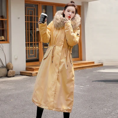 yellow Корейский длинный пуховик с хлопковой подкладкой, женская утепленная Модная Повседневная парка зимняя куртка с капюшоном и меховым воротником, теплое Свободное пальто из овечьей шерсти f2037 - Цвет: yellow