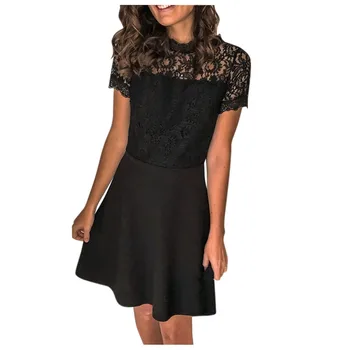 

Fashion Women Casual Solid Short Sleeve O-Neck Lace Splicing Perspectiv Dress Dropshipping Winter 2020 fashion Sexy size