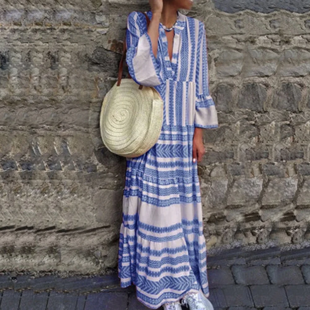 

SFIT Summer Bohemian Striped Long Dress Women V Neck Ruffles Flare Sleeve Sexy Dress Long Sleeve Loose Boho Dress Plus Size