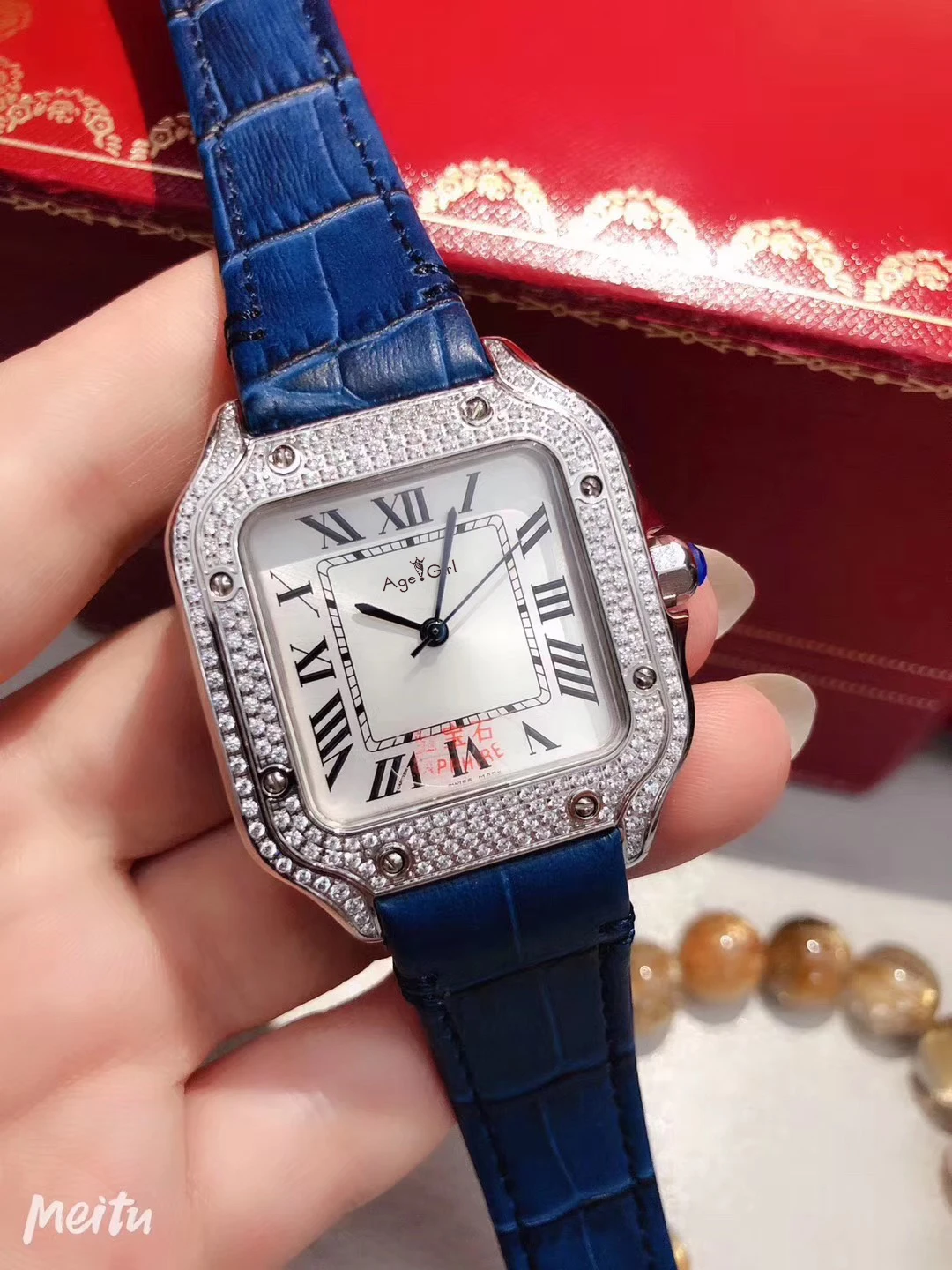 

Luxury Brand New Men Silver Full Diamonds Bezel Black Blue Leather Stainless Steel Japanese Quartz Rome Sapphire Santos Watch