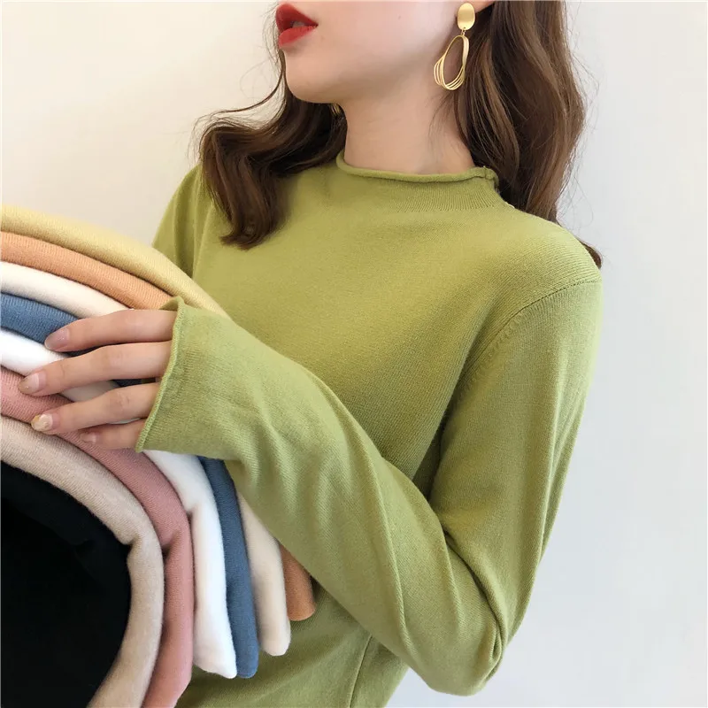 

Sweater Women Autumn Spring Basic Long Sleeve Pullover Half Turtleneck Korean Style Thin and Loose Knit Tops Sexy Cute