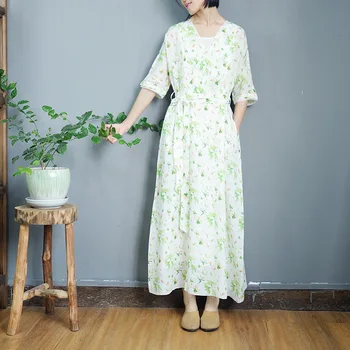 

2020 summer literary small fresh ramie print V-neck A word large swing dress rural wind-breaking flower S794