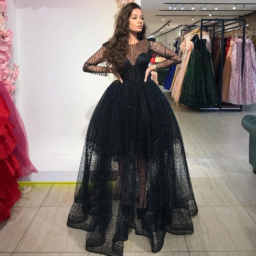 Eightree расшитый блестками с длинными рукавом Выпускные платья Воротник Sheer Jewel трапециевидной формы официальная Вечеринка платье размера плюс с фатиновой юбкой в пол Длина вечернее платье