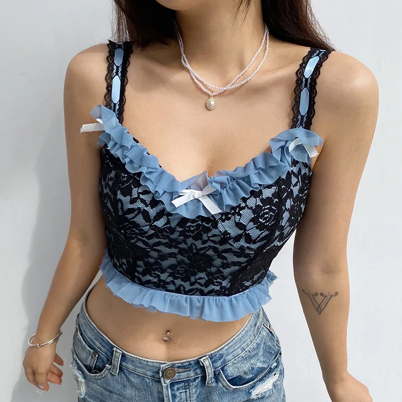

Lace Up Top Women 2020 Going Out Cute Crop Bandage Sexy v neck blue camiseta tirantes mujer haut dentelle femme summer ruffle