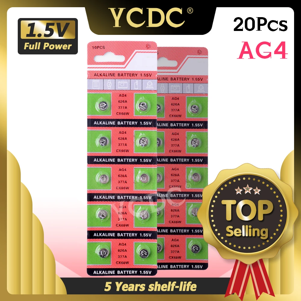 20 piezas Ag4 alcalina pila de moneda AG4 batería 177, 376, 377, 565 377A D377 G4 GA4 LR626 LR66 SR626 SR626SW para relojes calculadoras Juguetes