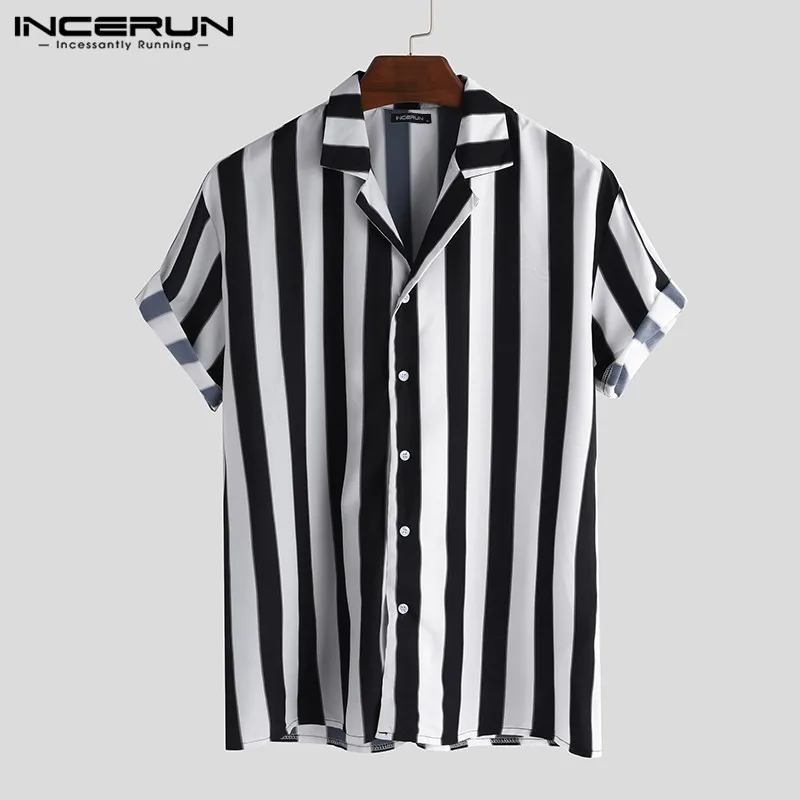 INCERUN-camisa rayada informal para hombre, camisa de manga corta con botones y cuello de solapa, ropa de calle elegante suelto, camisa de vacaciones 2021