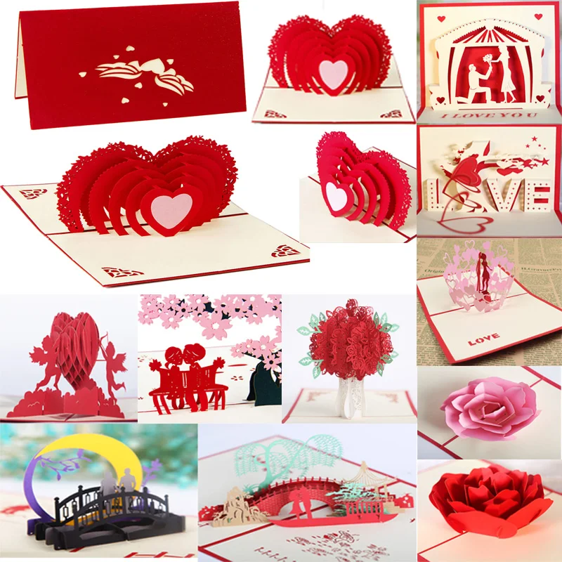 Ships from USA Fast Free! 3D Pop Up Card Love Flower Rose Hearts Greeting Cards 