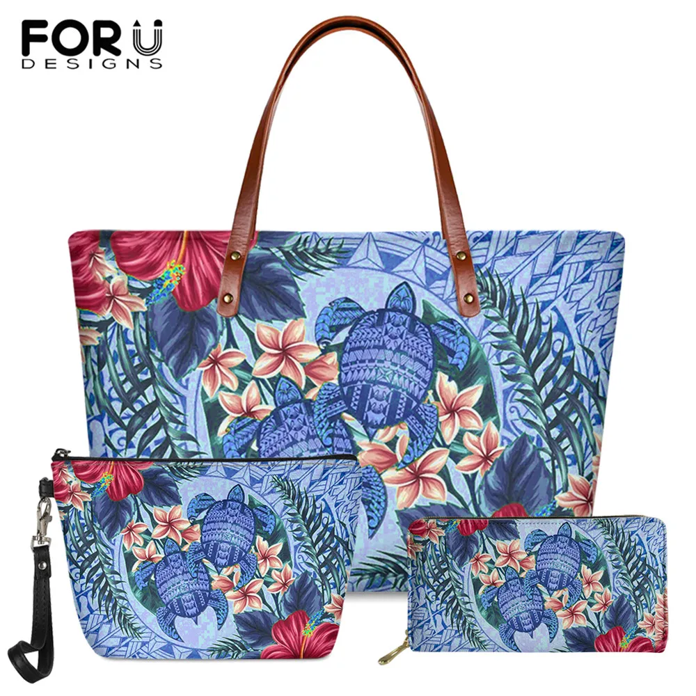 

FORUDESIGNS Hawaii Turtle Polynesian Hibiscus Kanaka Pattern 3pcs/set Brand Designer Fashion Women Shoulder Bag Long PU Purse
