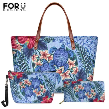

FORUDESIGNS Hawaii Turtle Polynesian Hibiscus Kanaka Pattern 3pcs/set Brand Designer Fashion Women Shoulder Bag Long PU Purse