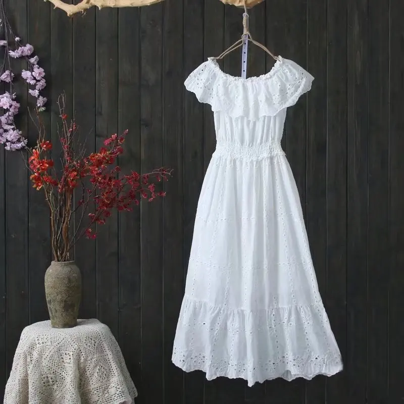 

Japanese-style Mori Girl Line Hipster Versatile Beach Skirt Zi Xia off-Shoulder White Fairy Dress S45853