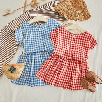 

Pattern Cotton Girls Clothing Sets 2020 Summer Kids Clothes Girls 2Pieces Outfits Plaid Tshirt+Skirt Children Tracksuit