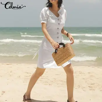 

Women's Sundress Celmia Sexy V-neck Short Sleeve Beach Mini Dress Casual Loose Buttons Female Party Vestidos Mujer Plus Size 5XL