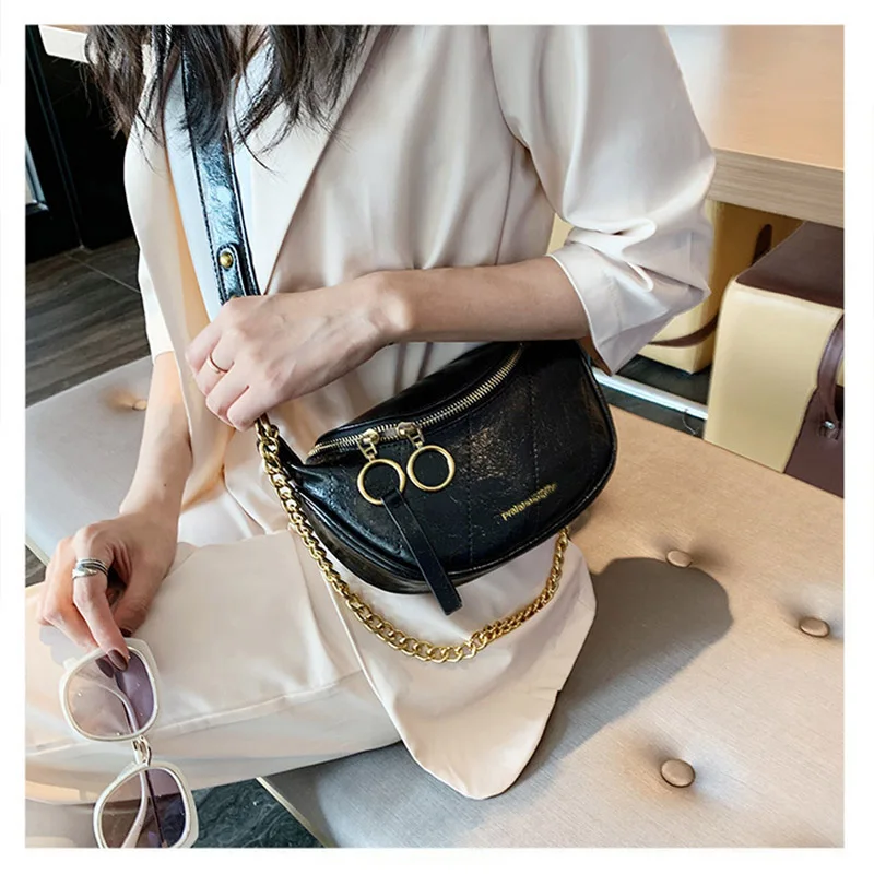 New Fashion Leather Fanny Pack Chain Fanny Pack Zipper Banana Bag Chest Bag Women High Capacity Anti-theft Shoulder Kidney Bag