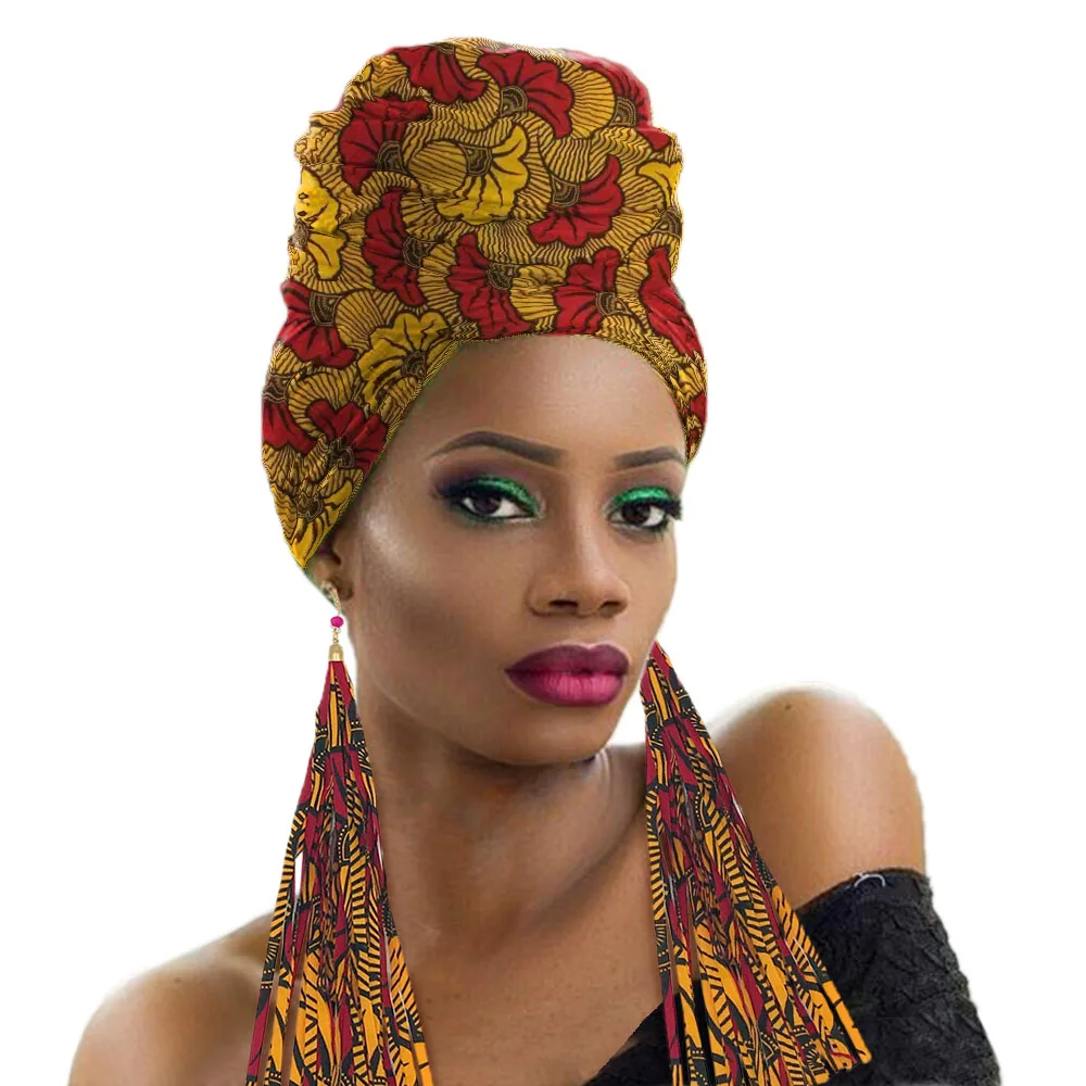 Африканский головной убор для женщин Анкара головной платок мода нигерийский тюрбан с серьгами хлопок Принт воск ткань