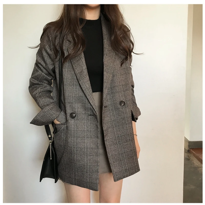

New 2020 Autumn Winter Women's Blazers Plaid Double Breasted Pockets Formal Jackets Notched Outerwear Tops Simple And All-Match