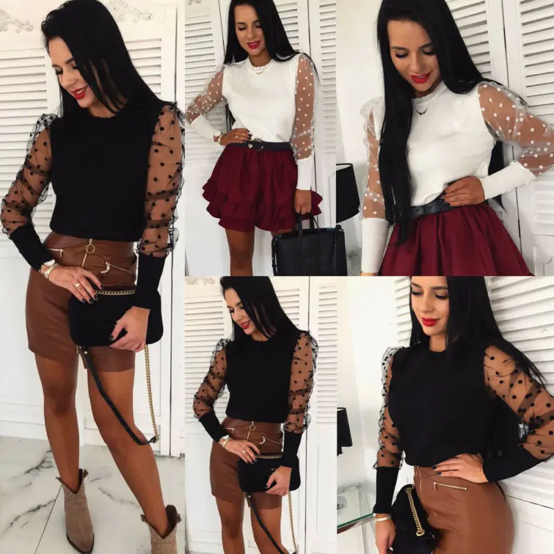 NEW Fashion Women Round Collar Polka Dot Mesh Sheer Tee See-through Long Puff Sleeve Slim Fit Club Tops Casual T-Shirts