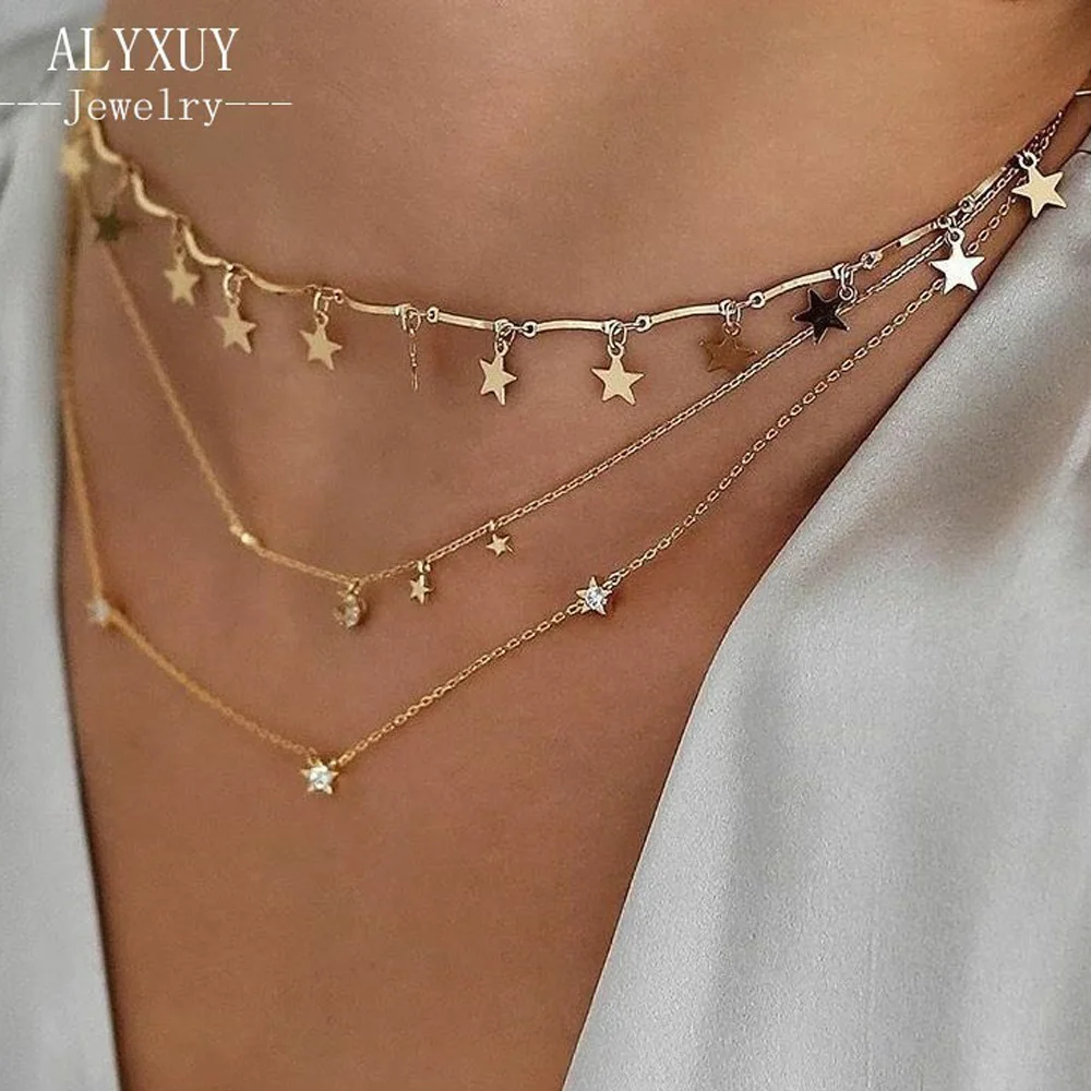 

ALYXUY Vintage Tassel Star Crystal Moon Pendant Necklace For Women Multi Layer Chain Necklaces Fashion Collar Costume Jewelry