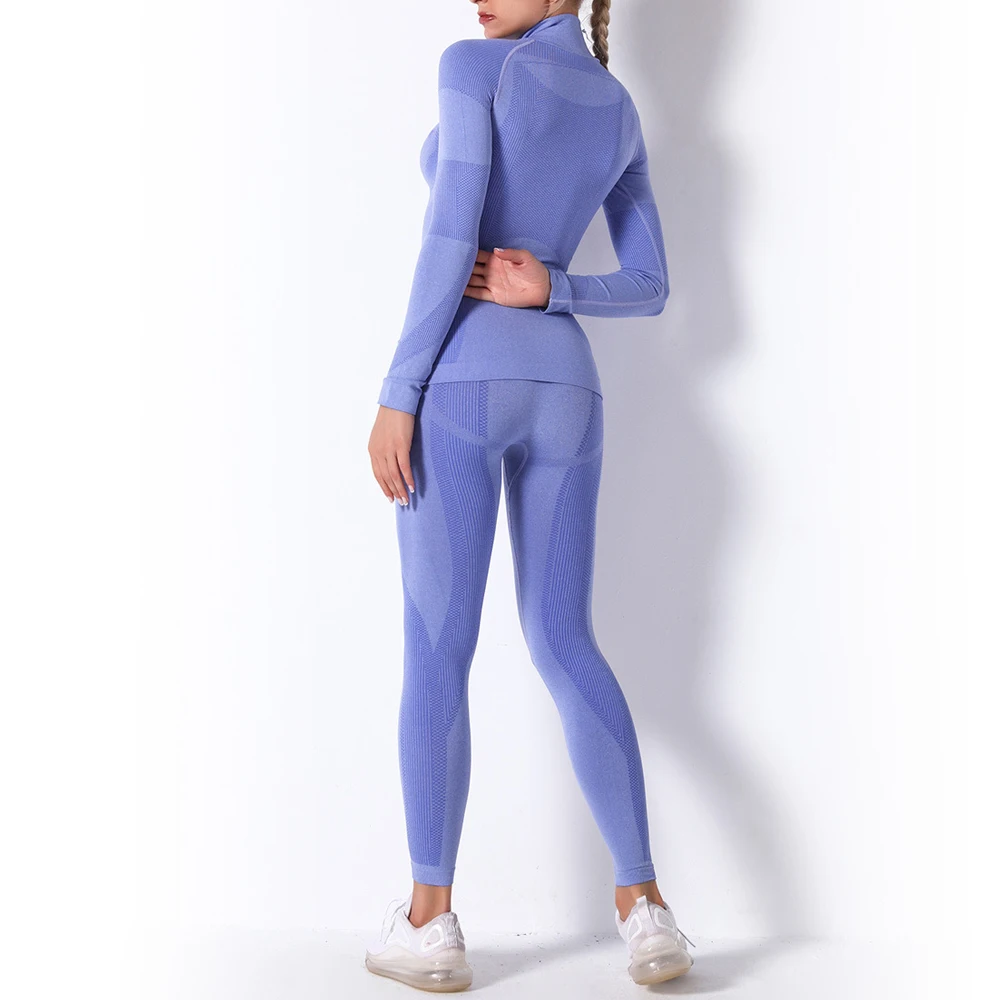 Women's Fashion Sportswear Set High Neck Striped Seamless Long Sleeve Fitness Sports Slim Yoga Wear High Waist Elastic Leggings