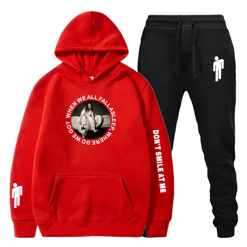 Billie Eilish, новинка, однотонный спортивный костюм, мужская мода, мужская спортивная одежда, два предмета, наборы, хлопок, флис, Толстая Толстовка+ штаны, наборы - Цвет: Red black202122