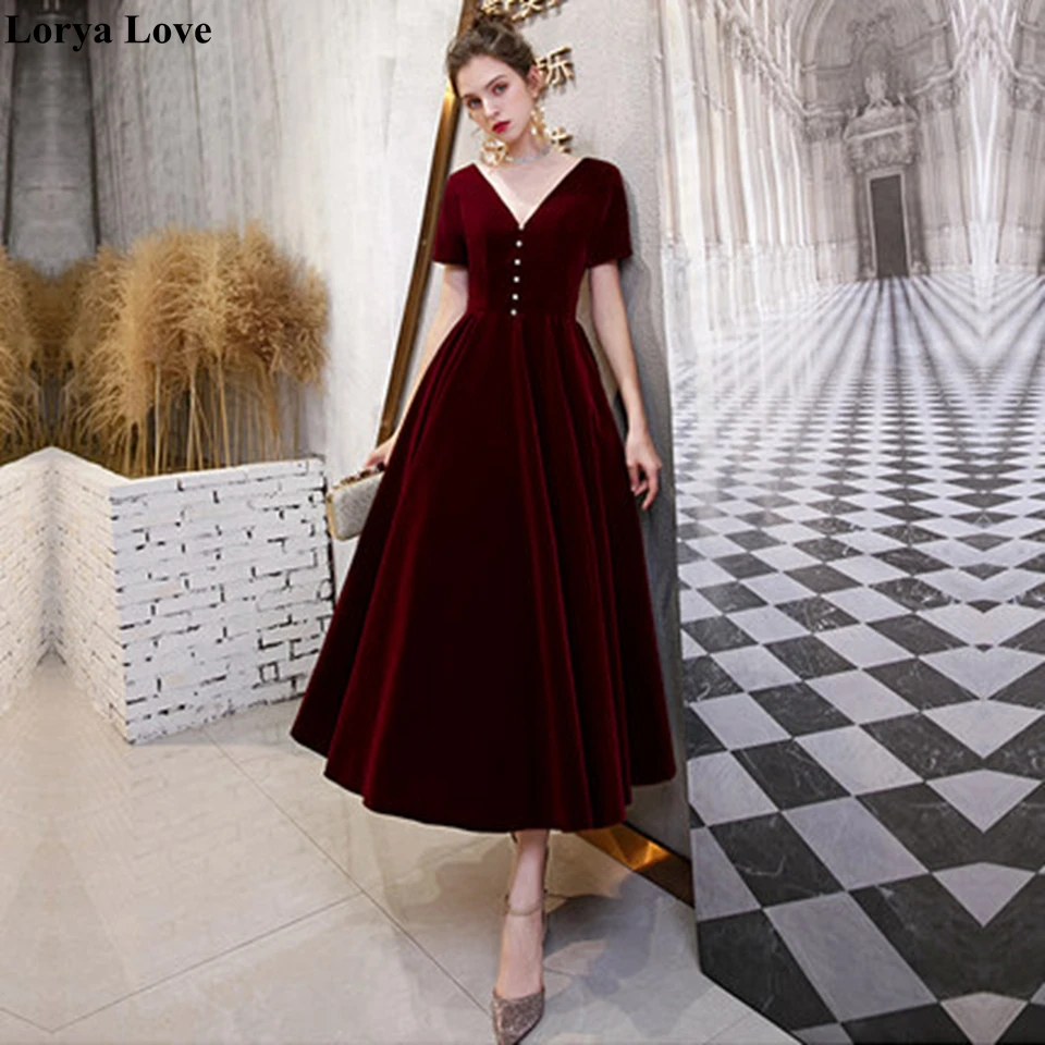 

Burgundy Evening Dresses 2021Short Sleeves Prom Dresses Velour Women Formal Party Night Vestidos De Gala Red Graduation Gowns