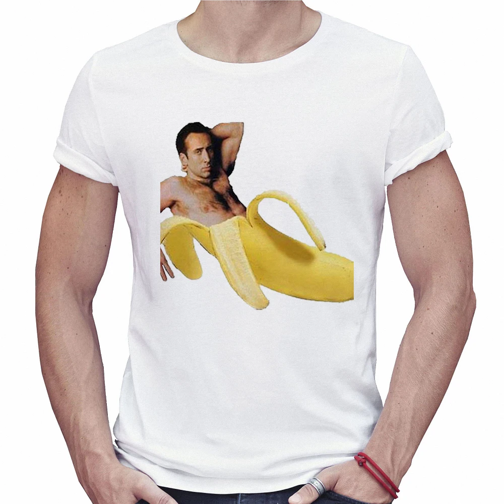 Летняя забавная футболка Nicolas Cage In A Banana, Мужская хипстерская футболка, топы с коротким рукавом, мужская белая креативная футболка - Цвет: 1