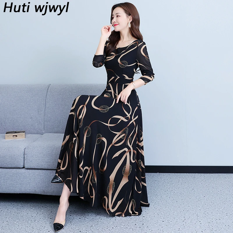 Vestido largo de gasa con estampado negro para mujer, ropa Bohemia informal para elegante, estilo coreano Vintage, para fiesta, otoño e invierno, 2022|Vestidos| - AliExpress