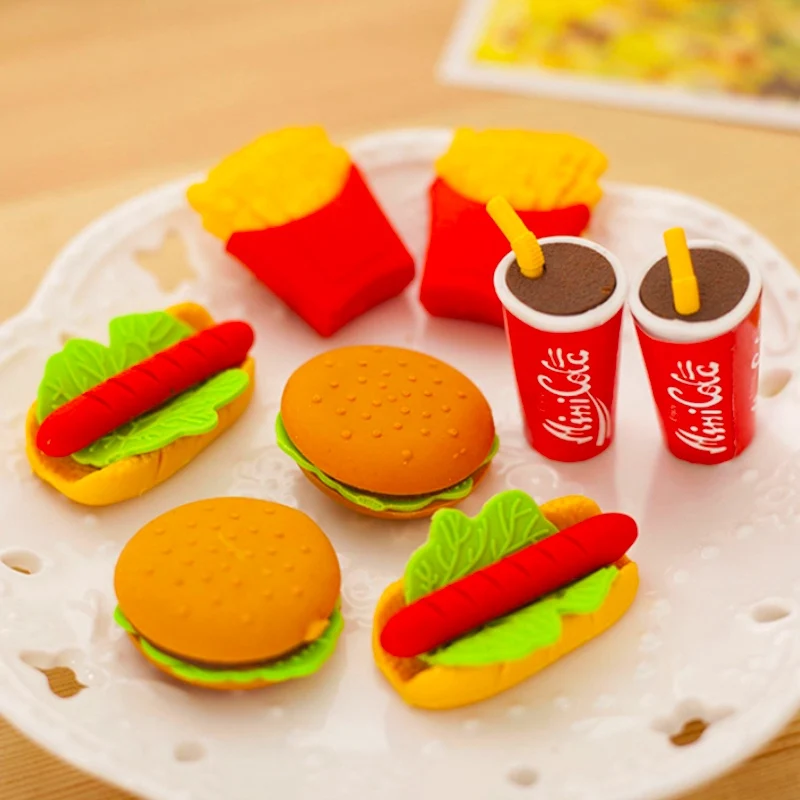 

6PCS/Set Cute Lovely Eraser Hamburger Food French Fries Hot Dog Eraser Office Correction Supplies Student Office Kid Gift
