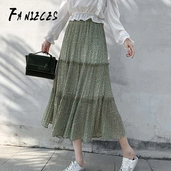 

2020 New Women Vintage Print Pleated Midi Skirt streetwear Faldas Mujer for Ladies Elastic Waist Sashes Mid-calf Female Skirts