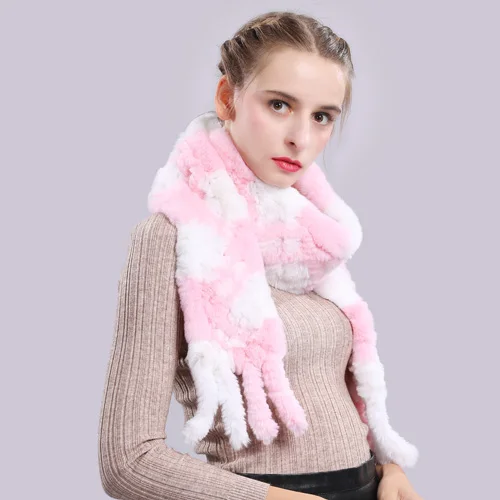 Длинный стильный женский зимний настоящий шарф из меха кролика рекс натуральный шарф из меха кролика рекс s брендовый вязаный шарф из меха кролика рекс - Цвет: pink and white