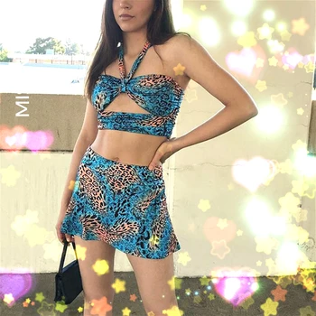 

Missnight Sexy Leopard Print Y2k Dress Women Bandage Halter Top Hollow Fashion A-line Skirt Vintage Streetwear Lace Up Clubwear