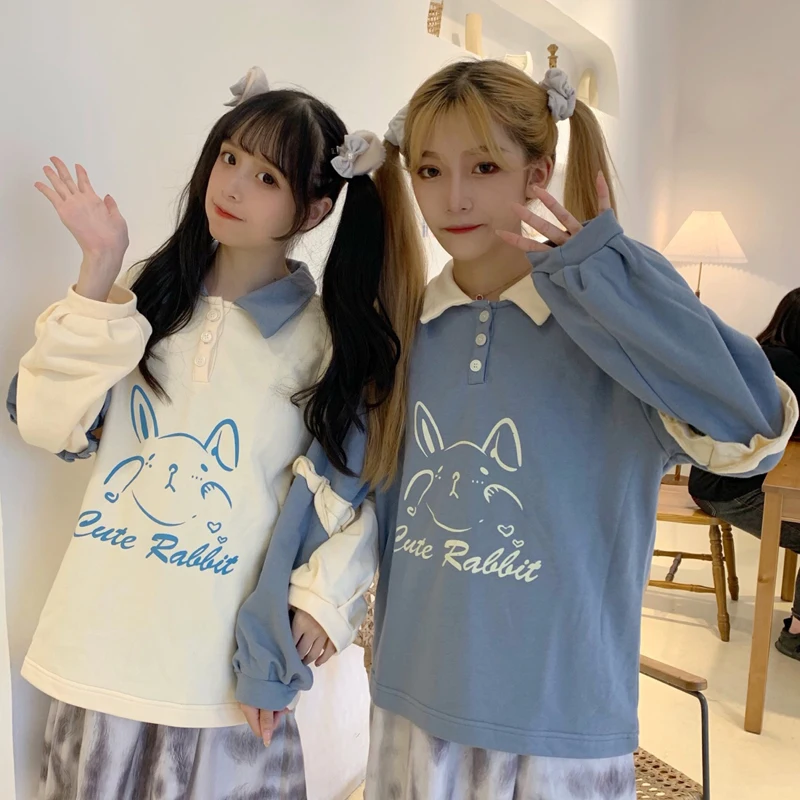 Осенний японский женский Harajuku интересный свитер свободный длинный рукав свитер для девочки милый синий пуловер