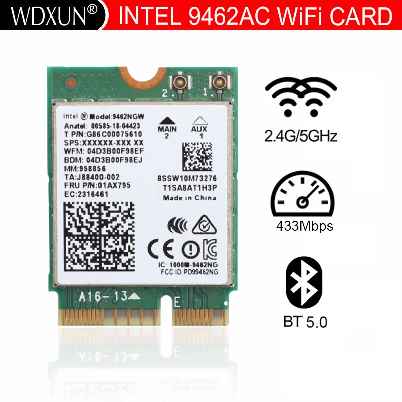 Dual Band 433Mbps Wireless Intel Ac 9462 9462Ngw Ngff Chiave E 9462Ac 8020.11Ac Bluetooth 5.0 Scheda Wifi Del Computer Portatile Per Finestre 10
