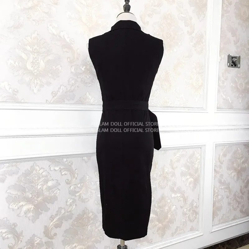 Летнее платье-блейзер без рукавов, двубортное черное облегающее платье-карандаш с поясом, длина до колена, офисная одежда