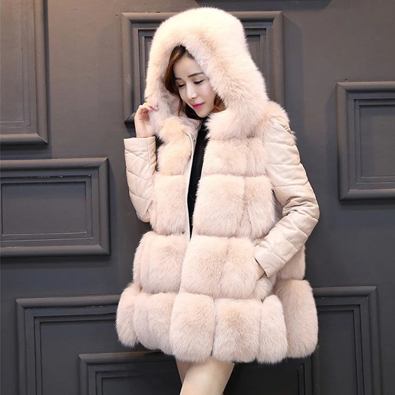 Women Winter Overcoat Outwear PU Leather Removable Sleeves Faux Fur Coat With Hooded Thick Warm Faux Fox Fur Jacket