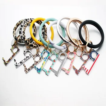 

No-Touch Door Opener Keychain PU Leather Bracelet EDC Safe Door Handle Acrylic Keyring Portable Elevator Tool