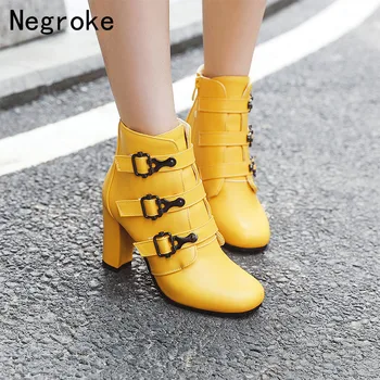 

Brand 2019 Women Boots Autumn Winter PU Leather Ankle Boots Ladies Multi Buckle High Heels Shoes Booties Plus Size Zapatos Mujer