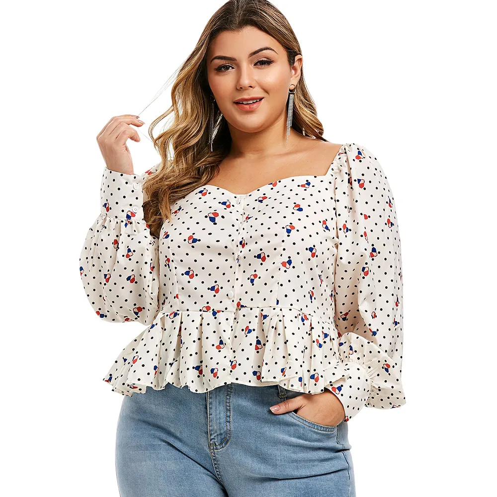 Rosegal большой размер Женская Весенняя Осенняя блузка с буфами на рукавах узор в