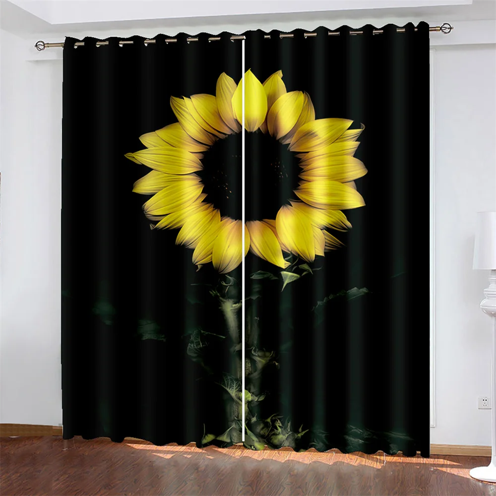 

Sunflower Printed Woven Curtains Bedroom Blackout Curtains with Two Independent Curtains on The Left and Right