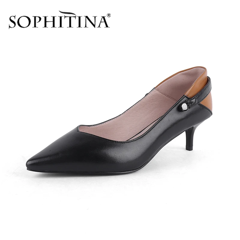 SOPHITINA Summer Women Pumps Pointed Toe Thin Heels Med Ankle-Wrap Slip-On Confortable Shoes Sheepskin Office Mature Pumps MC578