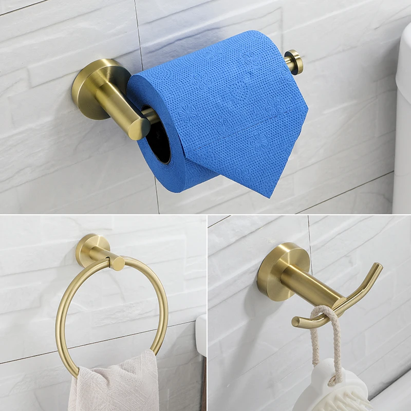 

Brushed Gold Stainless Steel Round Wall Mounted Hand Towel Ring Rack Toilet Paper Holder Hooks Bathroom Accessories Hardware Set